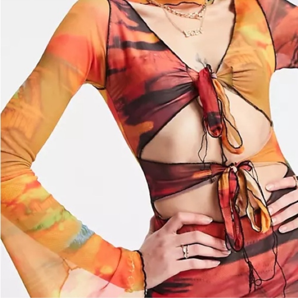 Jaded London Abstract Print Tie Front Mesh Dress with Contrast size 8 NWT